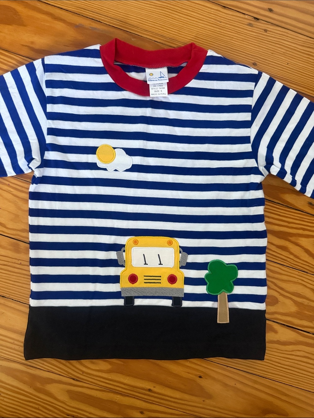 Florence Eiseman Blue & White Striped Tee with Red Neck and Green Cuffs - Picture 3 of 4